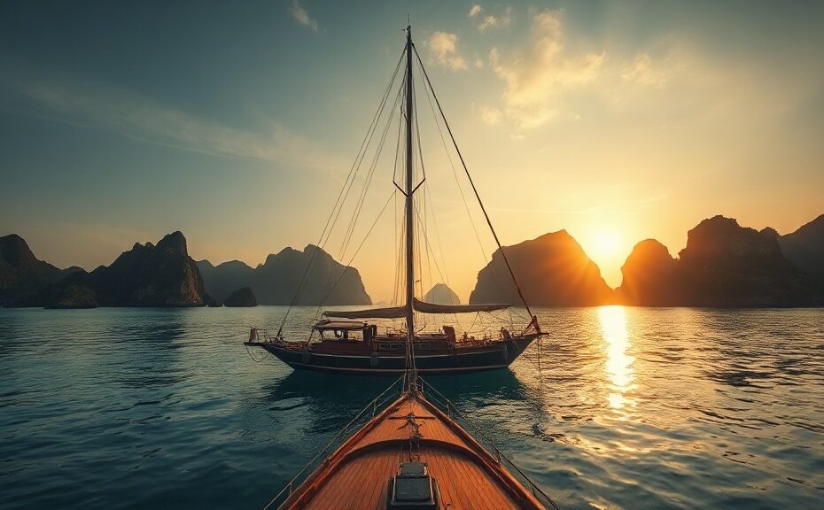 Traditional phinisi sailing yacht anchored at sunset near Komodo