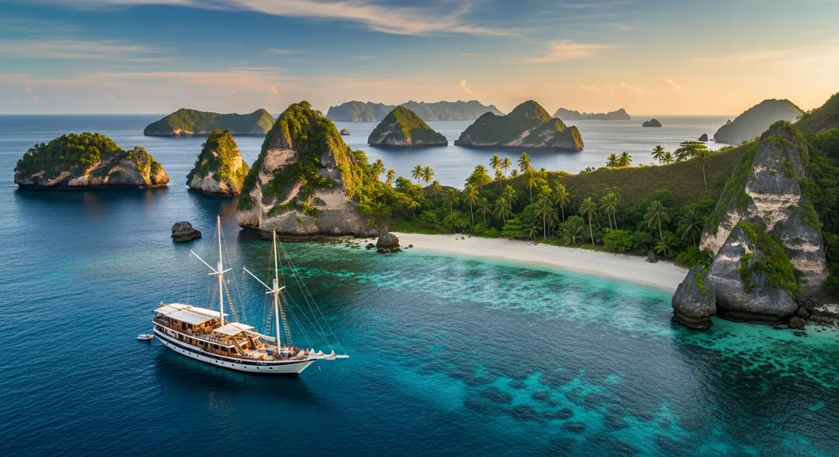 A traditional Indonesian phinisi liveaboard schooner under sail on glassy turquoise water