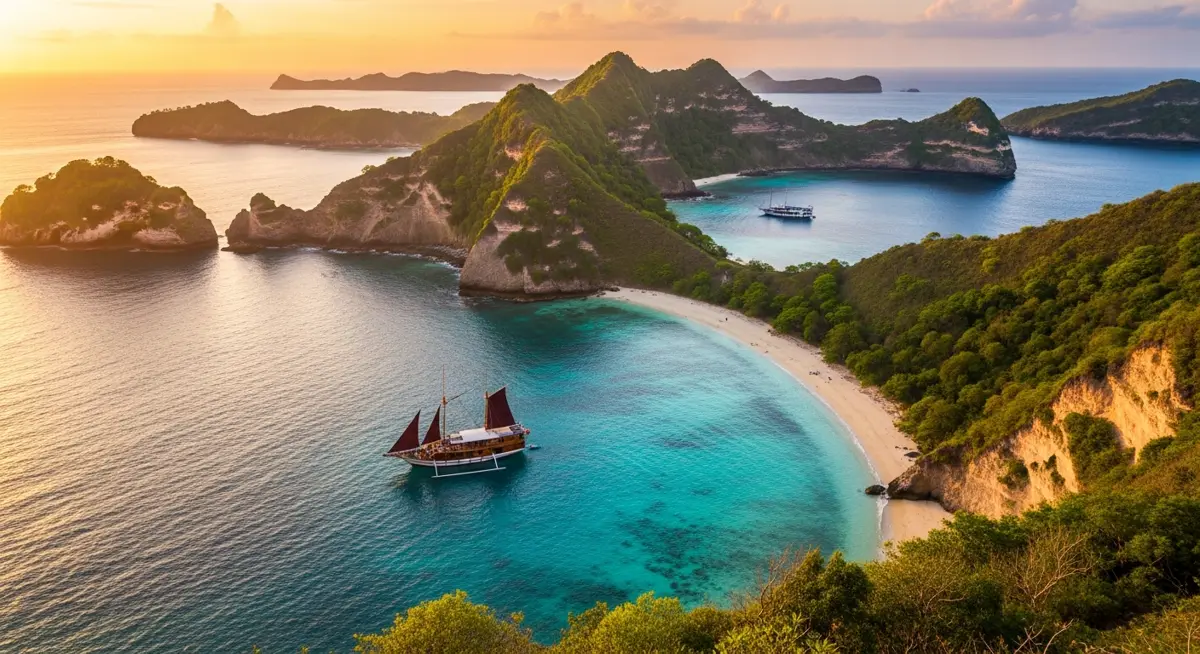 The three curved bays of Padar Island in Komodo National Park at golden hour