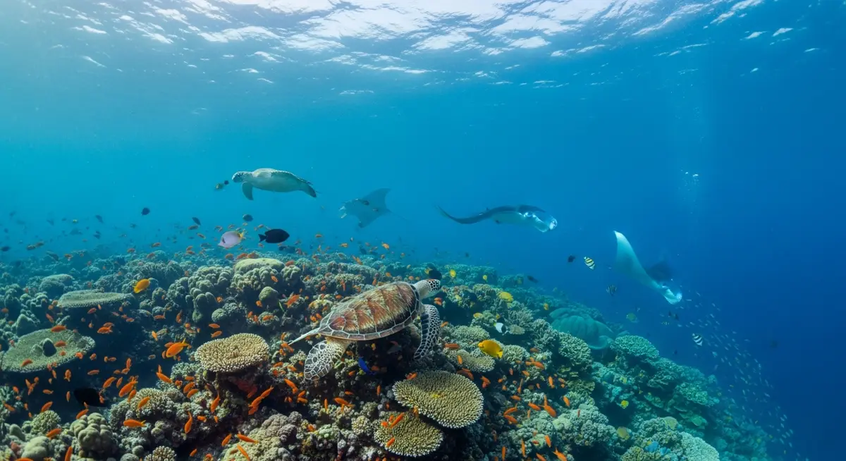 A vibrant coral reef and a manta ray in the clear blue water of the Coral Triangle